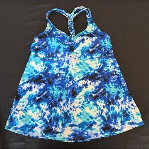 Tankini Swimsuit Macrame Racerback Top Blue Tie-Dye Beach Vacation Resort Sz 22